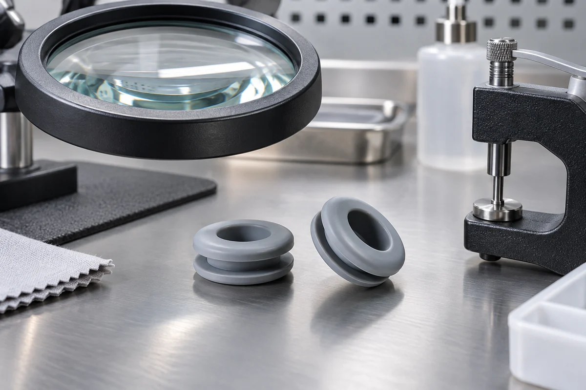 Silicone grommets beside a magnifier and thickness gauge for surface and dimensional review