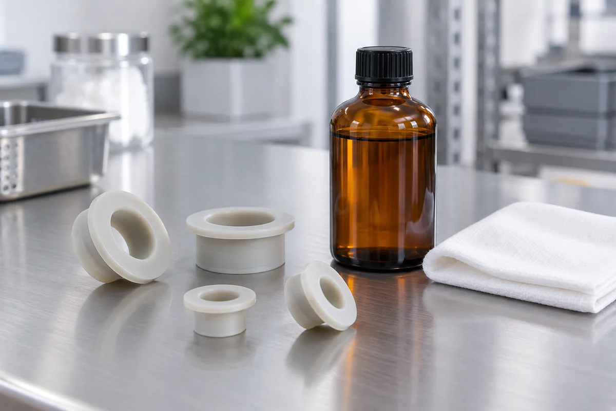 Pale silicone cable grommets beside a closed cleaning-agent bottle and lint-free cloth