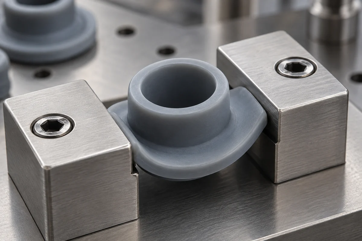 Silicone flange gently deflected in a smooth metal holding fixture