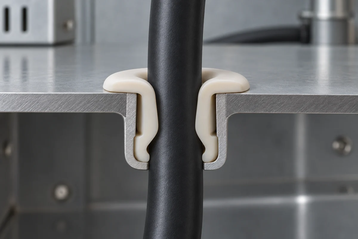 Sectioned grommet model showing contact around a cable and at the panel groove