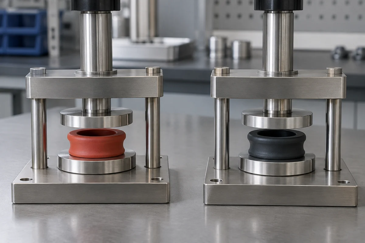 Silicone specimens placed in separate controlled compression fixtures