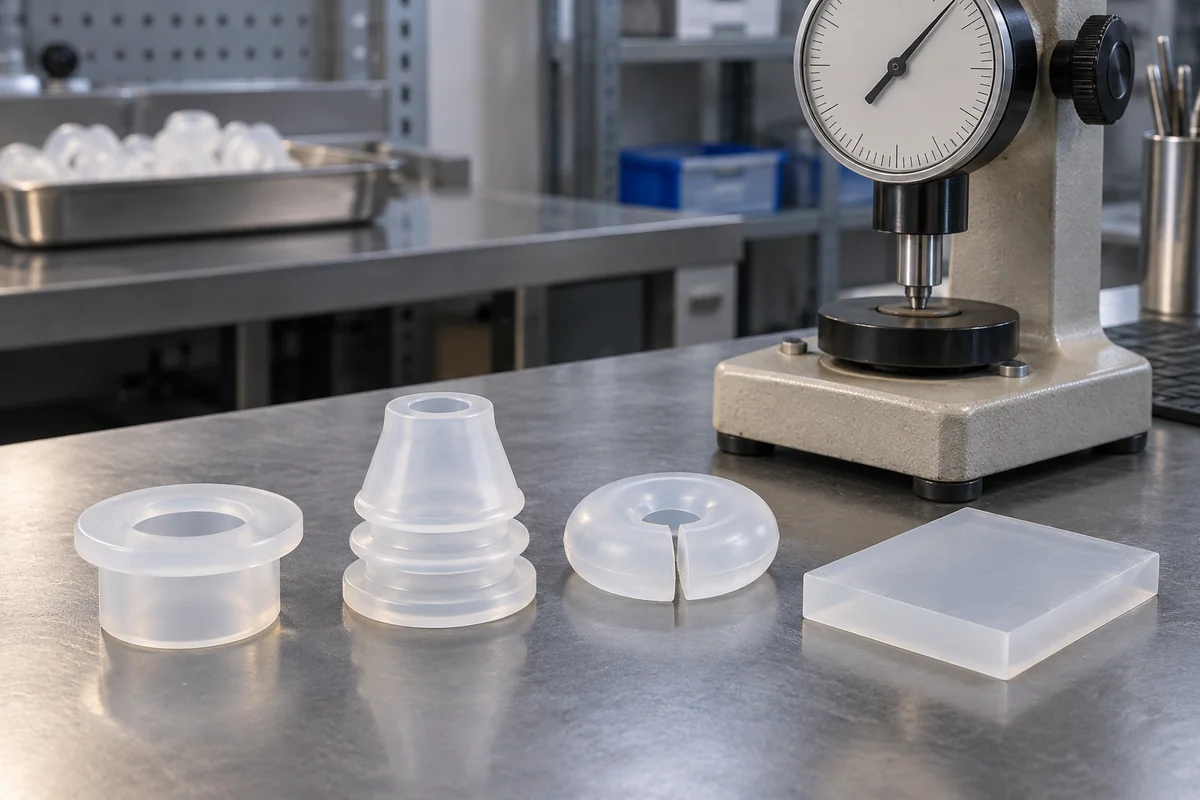 Silicone grommet designs beside a hardness test stand and a flat witness coupon