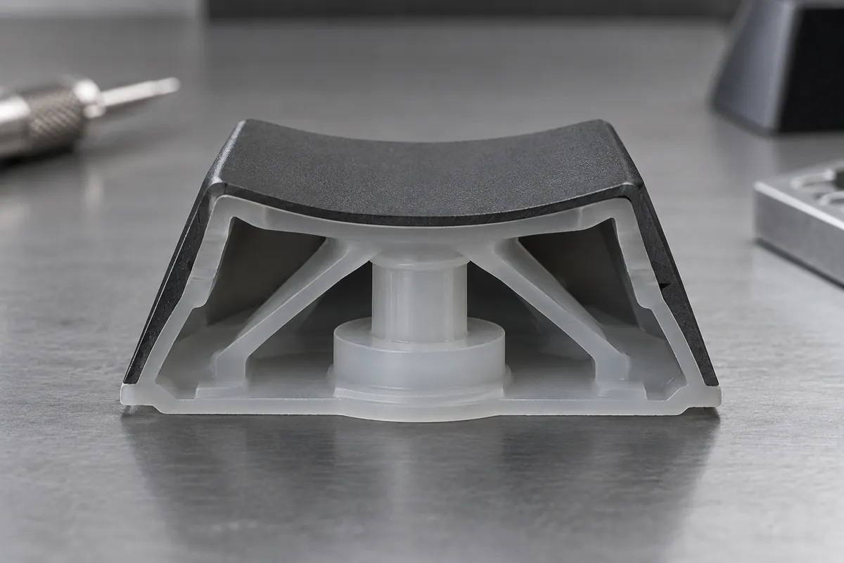 Side section of a single silicone key revealing angled flexible web and center pusher