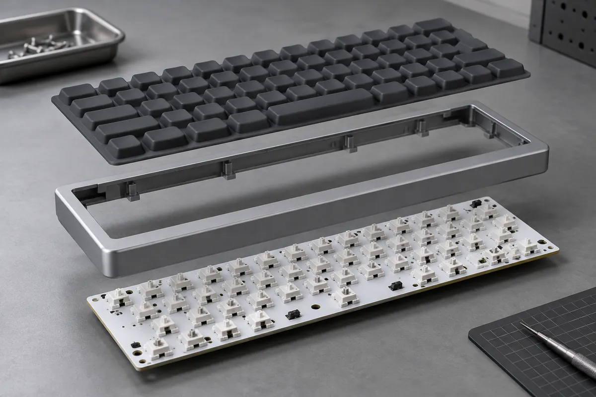 Separated silicone keymat, gray bezel and plain switch board in assembly order