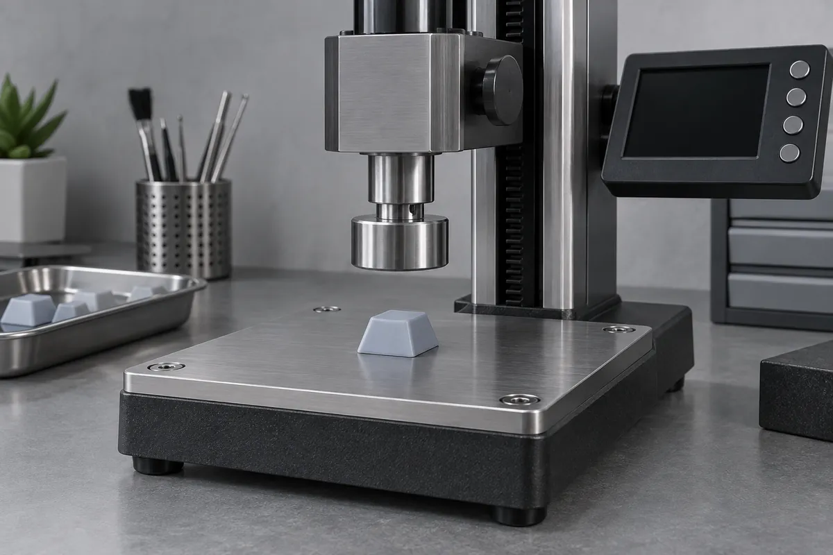 Silicone key under an unmarked vertical force-test stand, display off