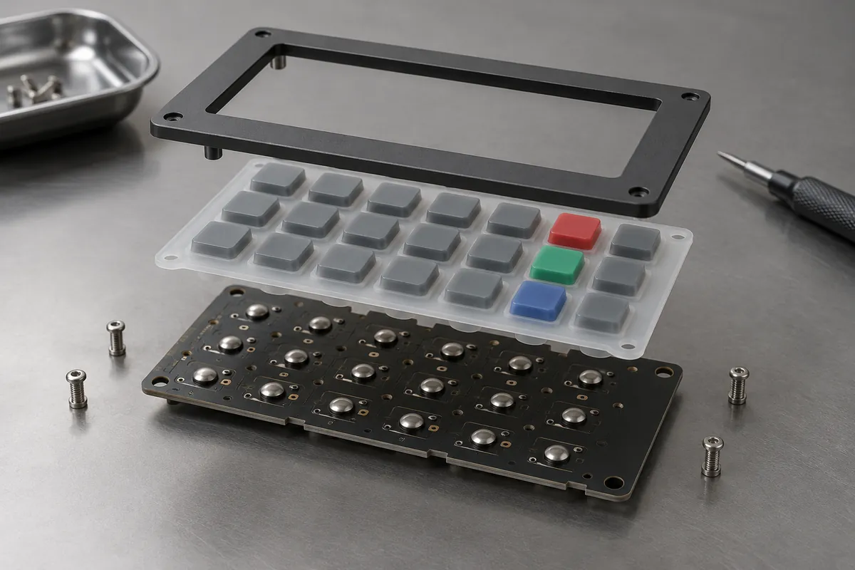 Exploded silicone keymat and rigid support board with separate bezel