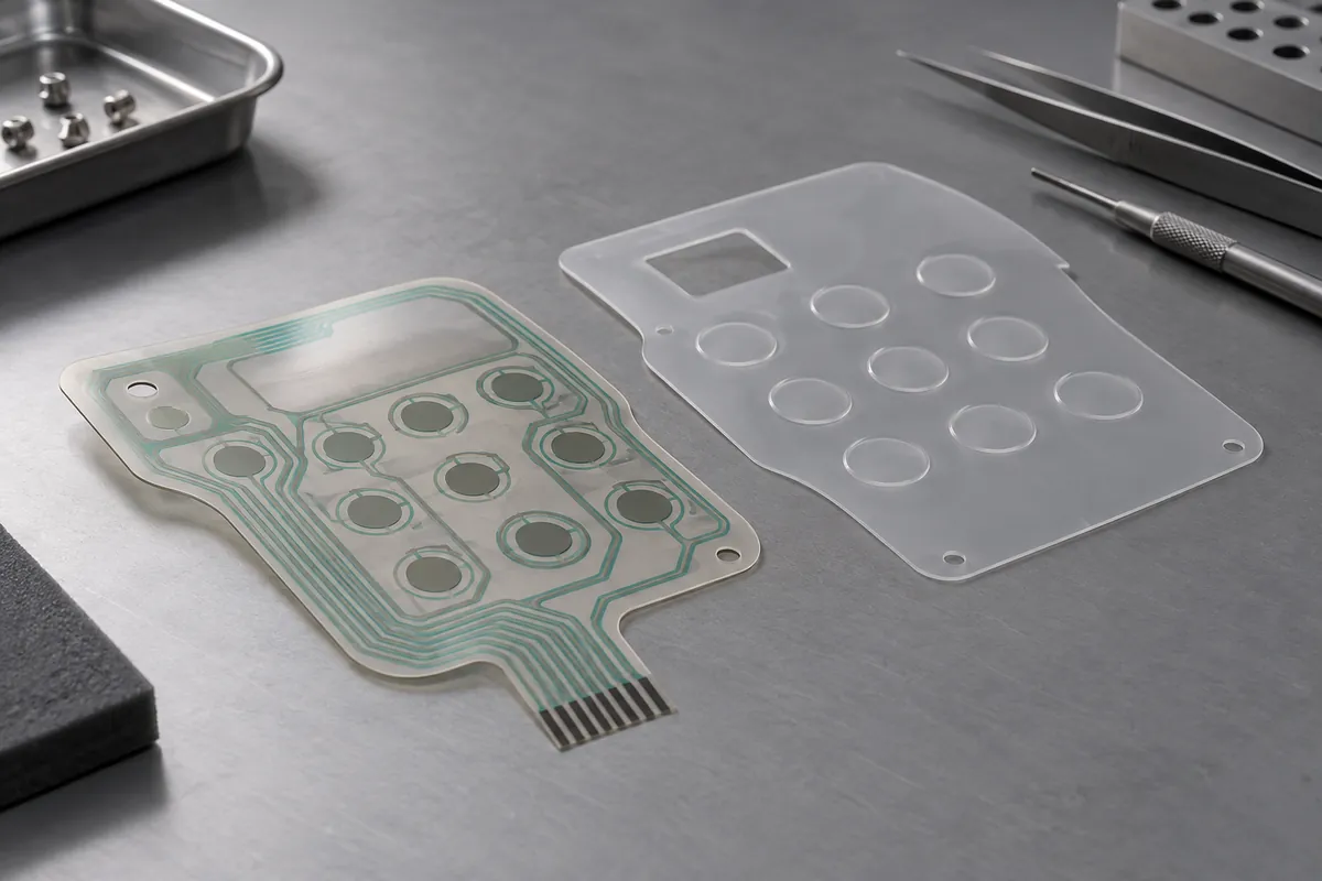 Layered thin flexible membrane circuit and unmarked overlay separated on bench