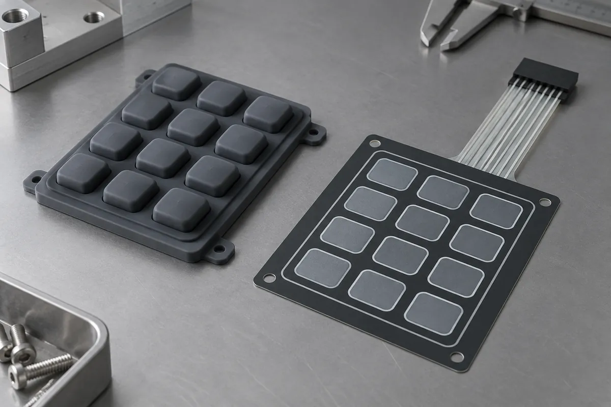 Raised silicone keymat beside flat printed membrane switch with blank geometric key zones