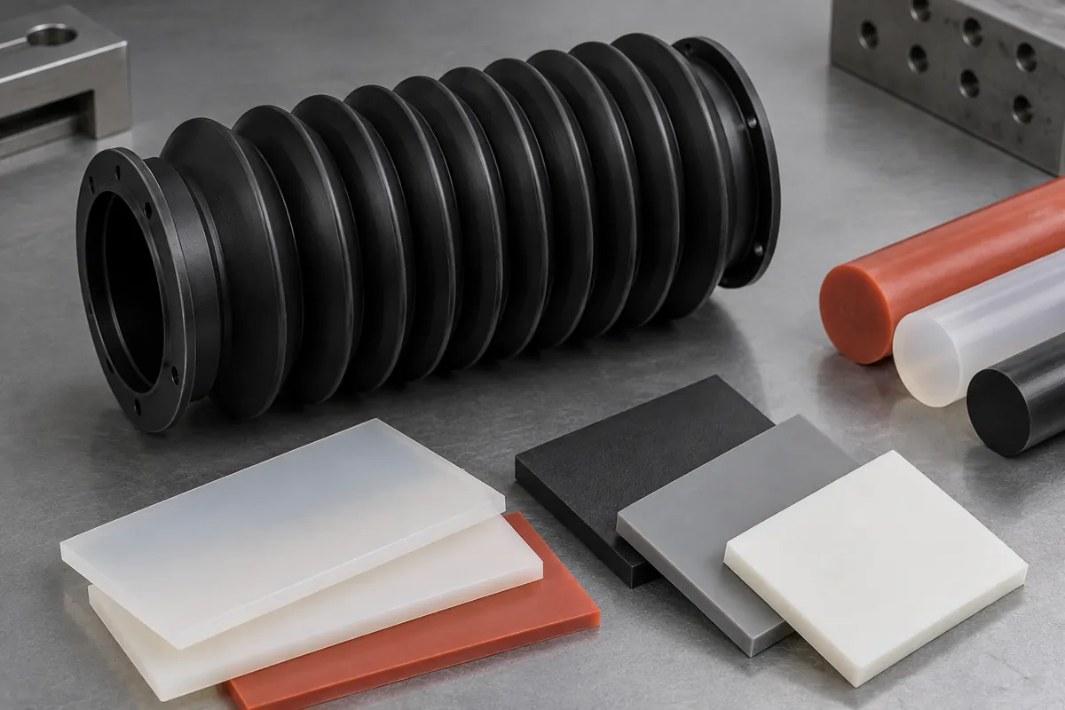 Black bellows beside silicone and thermoplastic material samples
