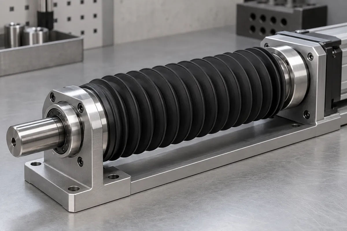 Bellows fitted over moving cylindrical mechanism with collars