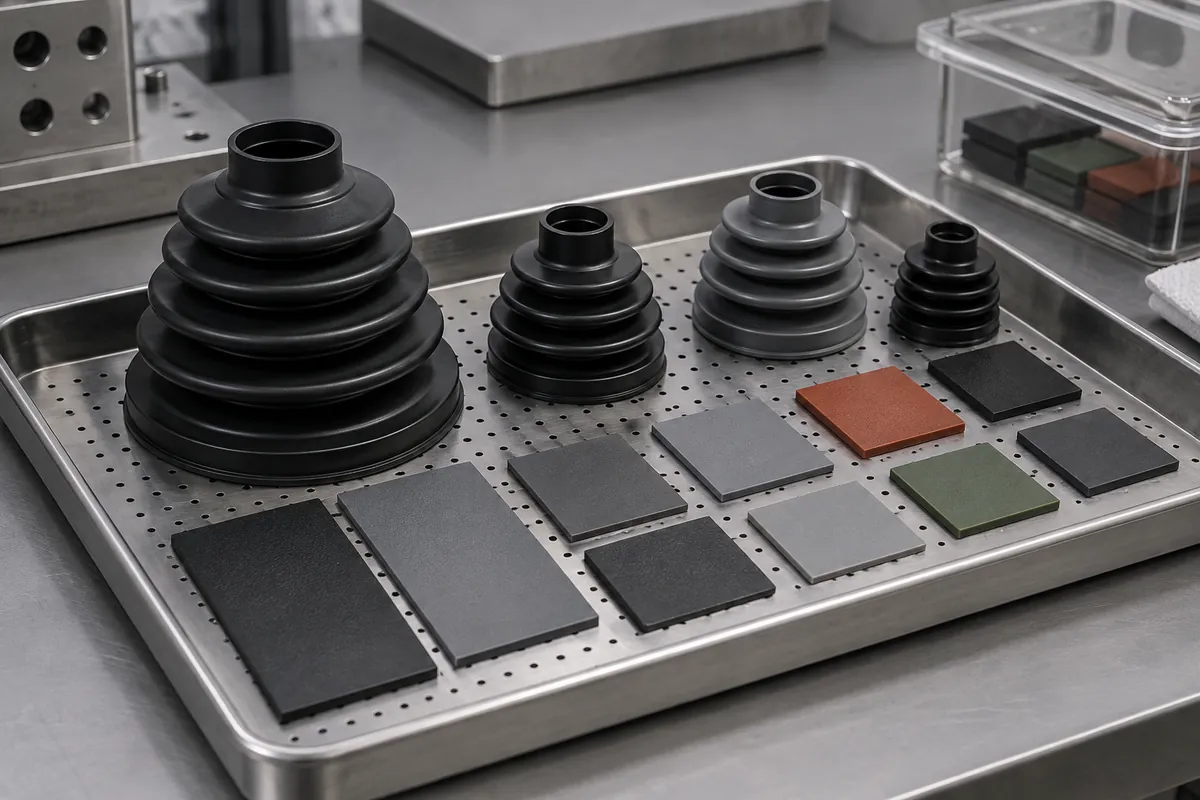 Separate elastomer coupons and molded bellows in exposure-test tray