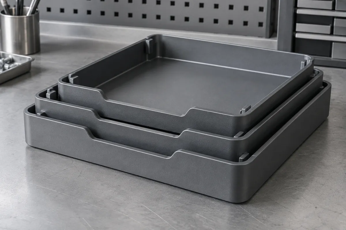 Nested empty trays with shallow sidewall clearance and anti-jam stop features