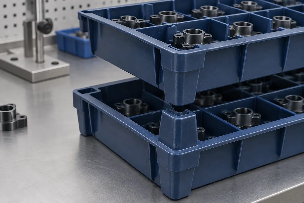 Close-up stacking foot fitting onto broad rim ledge of tray below