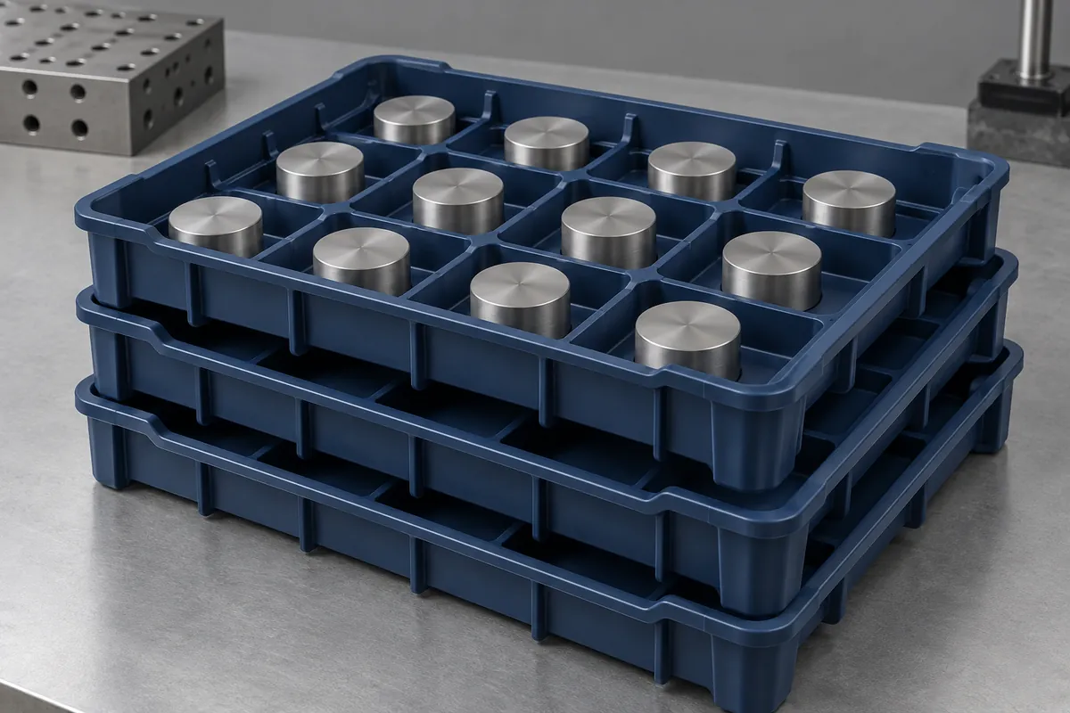 Three trays on a flat bench with plain equal test weights spread over upper tray