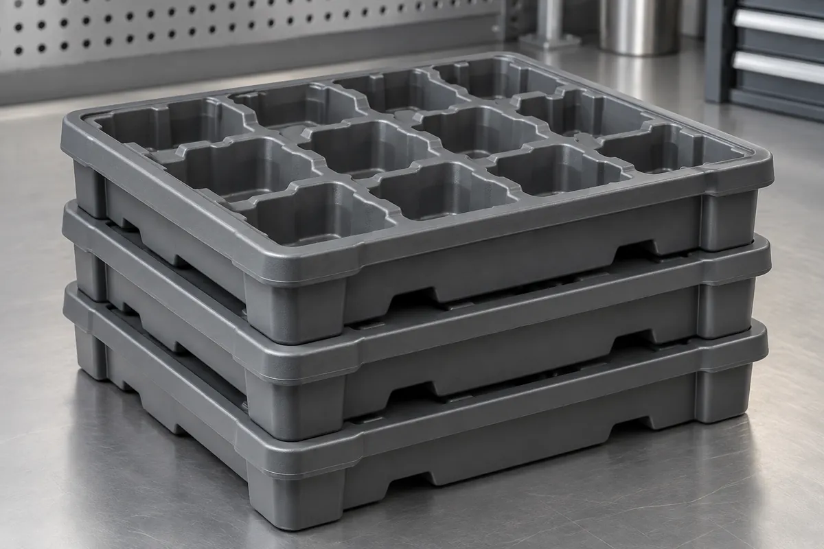 Three gray molded trays stacked on defined corner lands, empty pockets visible