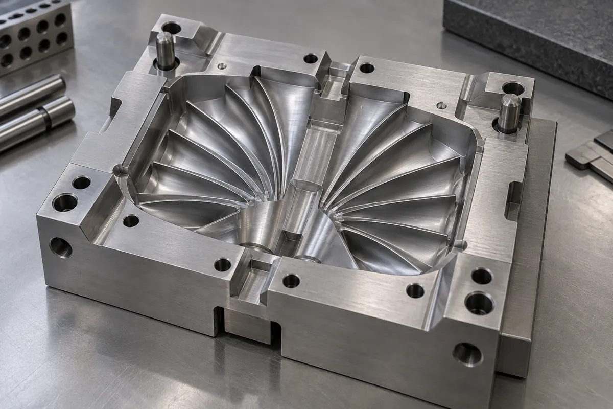 Machined mold insert showing thin curved blade cavities