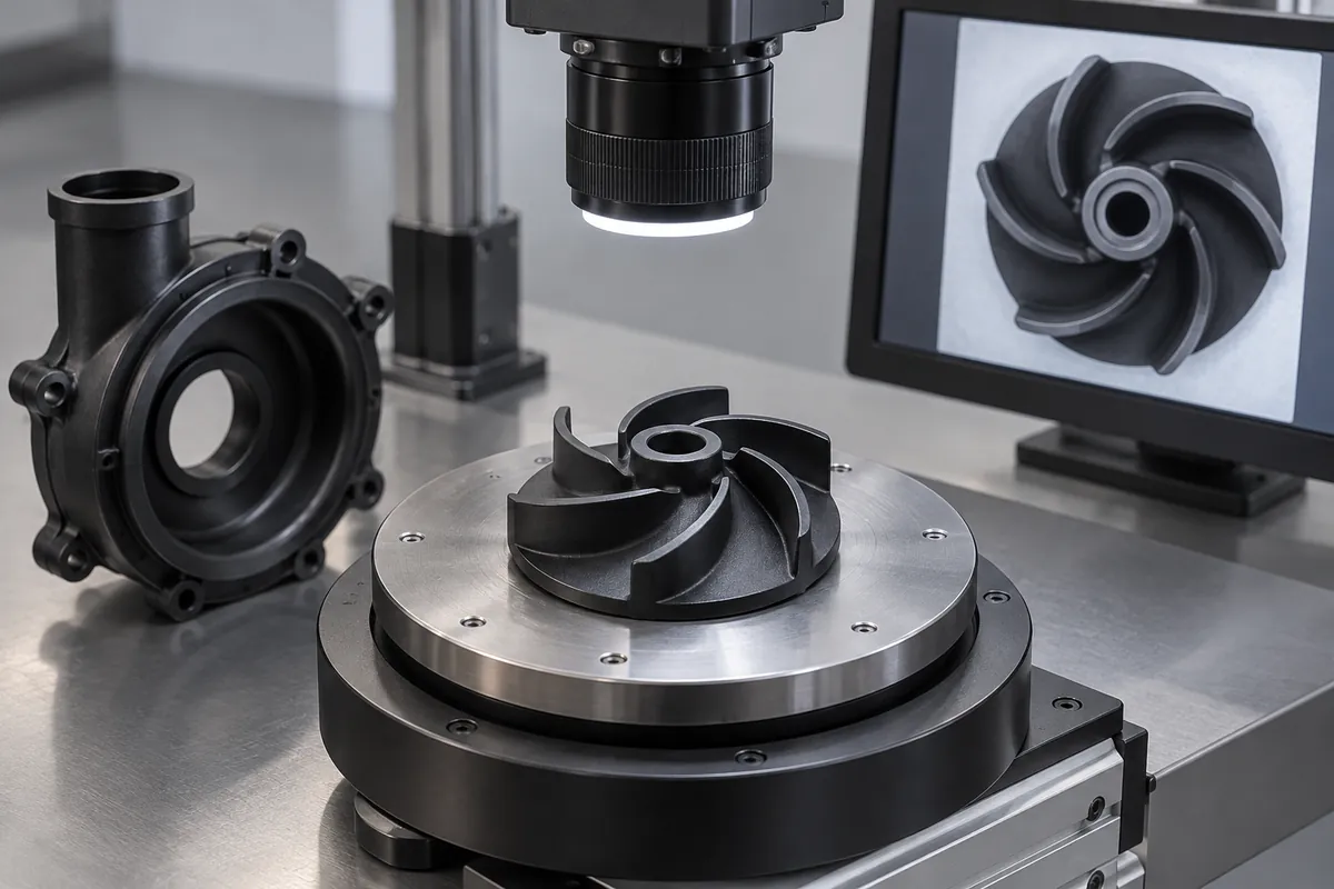 Impeller on optical inspection turntable under camera