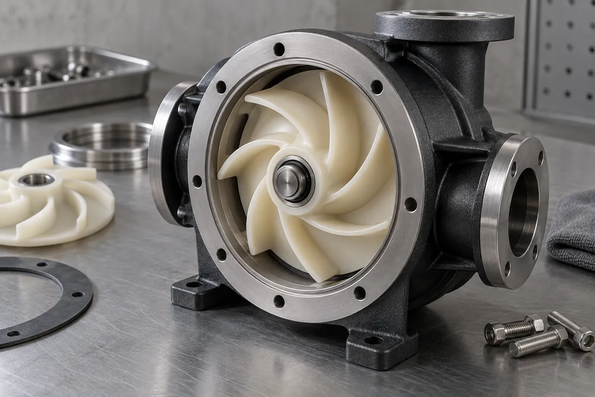 Close view curved thin polymer impeller blades and radiused roots