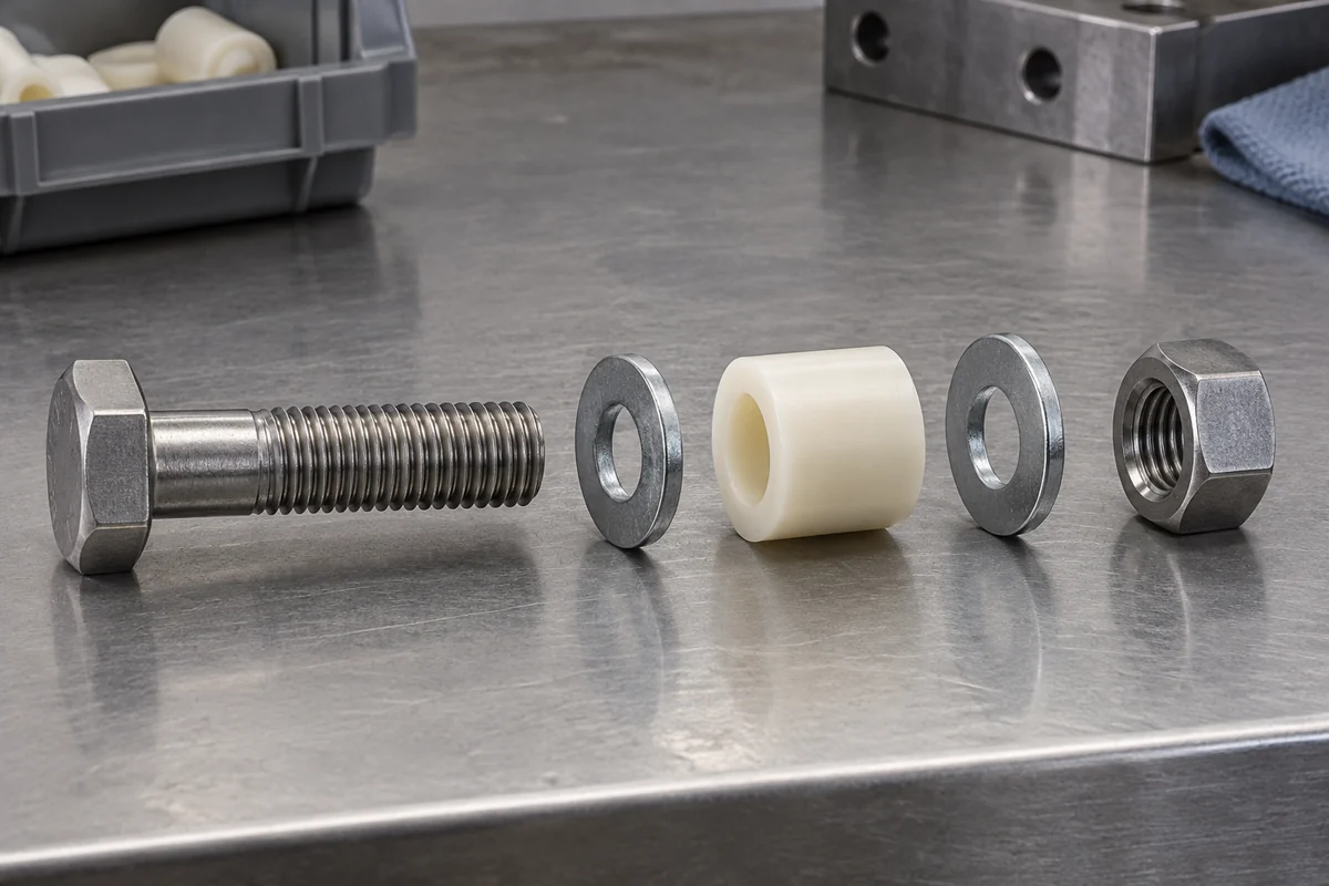Bolt, washers, a plain polymer sleeve and a separate nut aligned for an assembly review