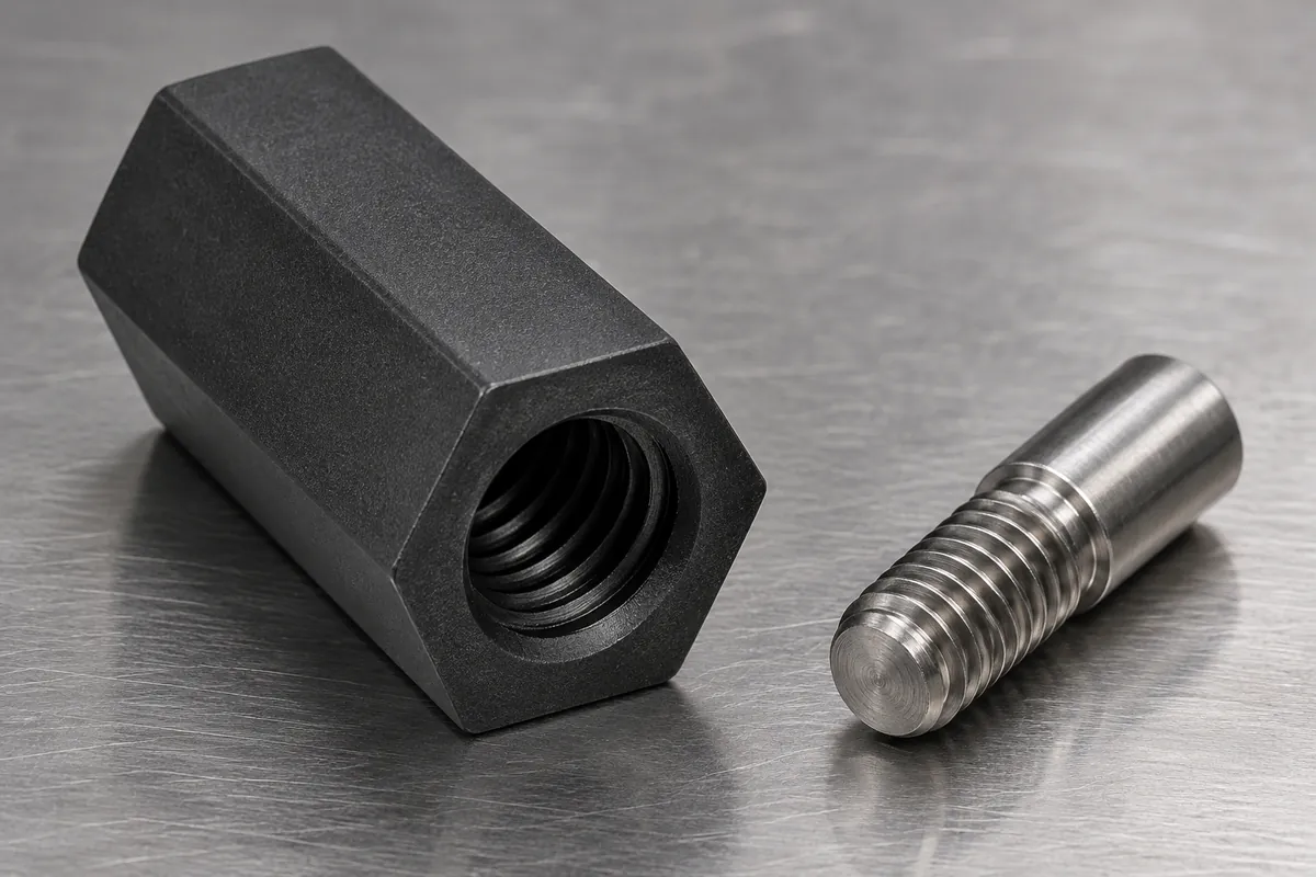 Open female thread in a black hexagonal polymer standoff beside a threaded core pin