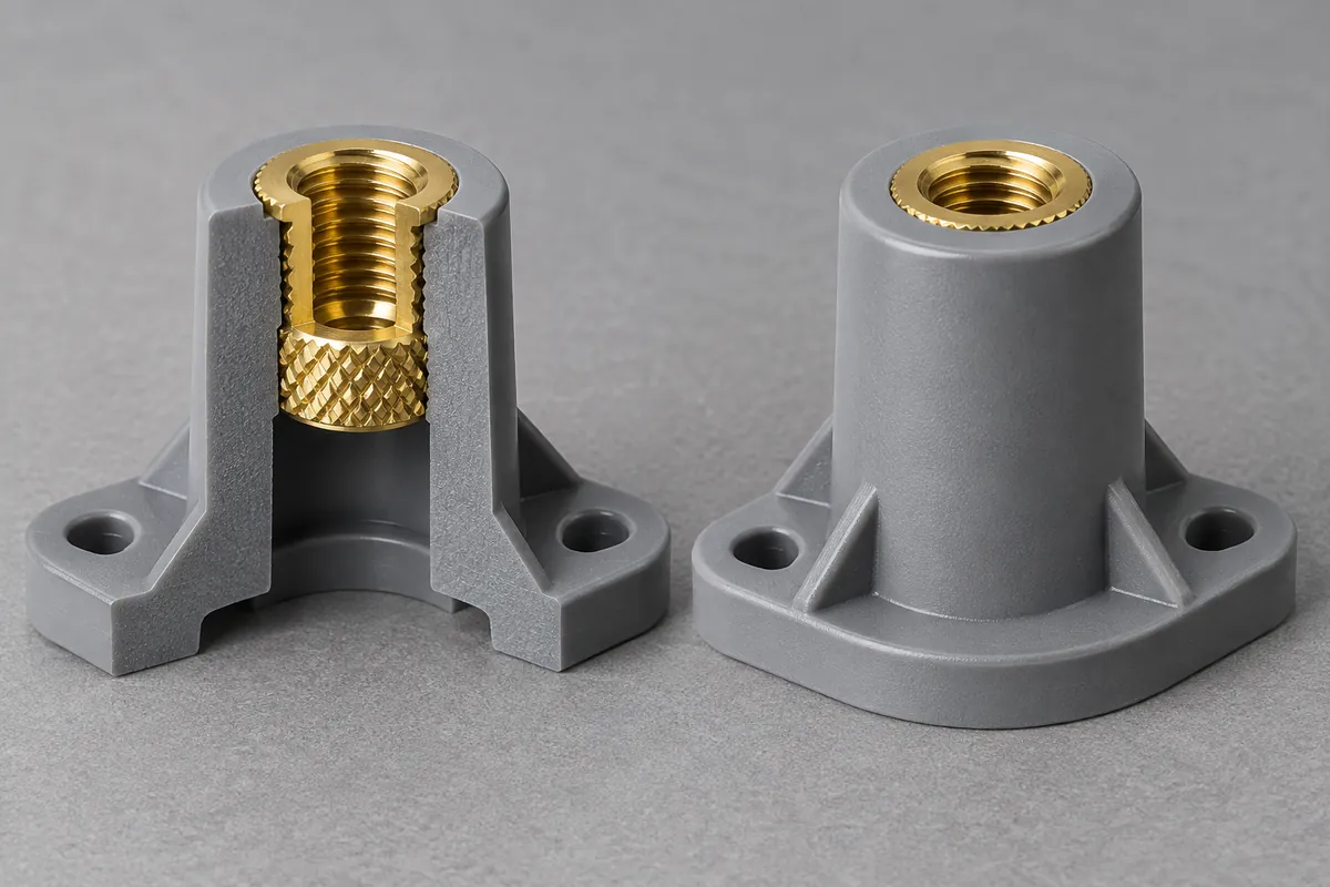 Sectioned polymer standoff showing a knurled brass threaded insert inside the supporting wall