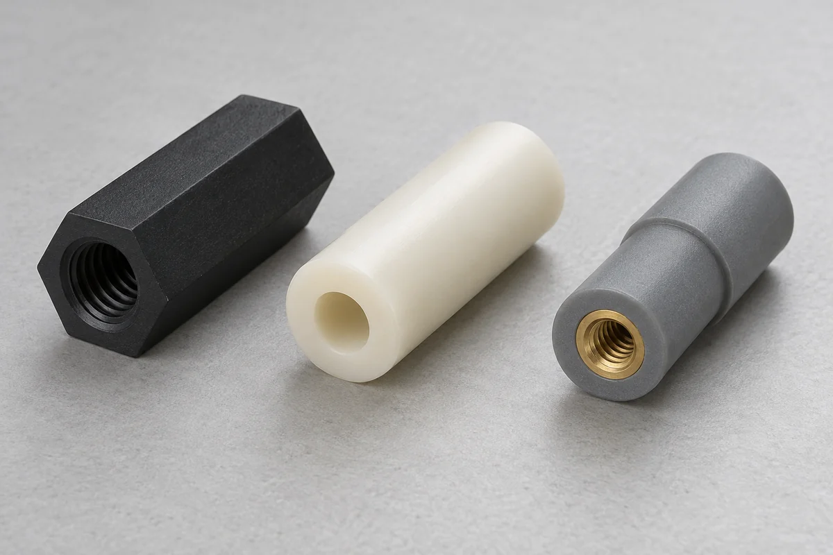 Through-bore polymer sleeve, black threaded hexagonal standoff and gray support with a brass insert