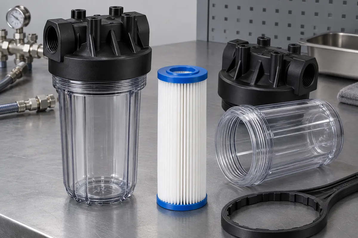 Threaded filter bowl beside two-piece housing with peripheral weld land