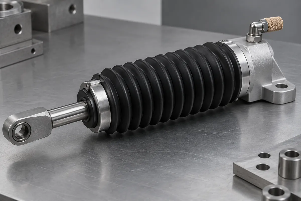 Small bellows enclosing a reciprocating rod with a separate vent fitting