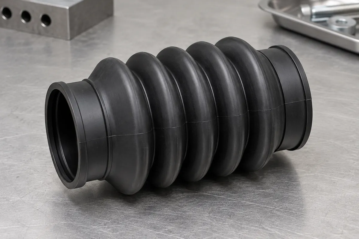 Black silicone bellows with several rounded convolutions and two end collars