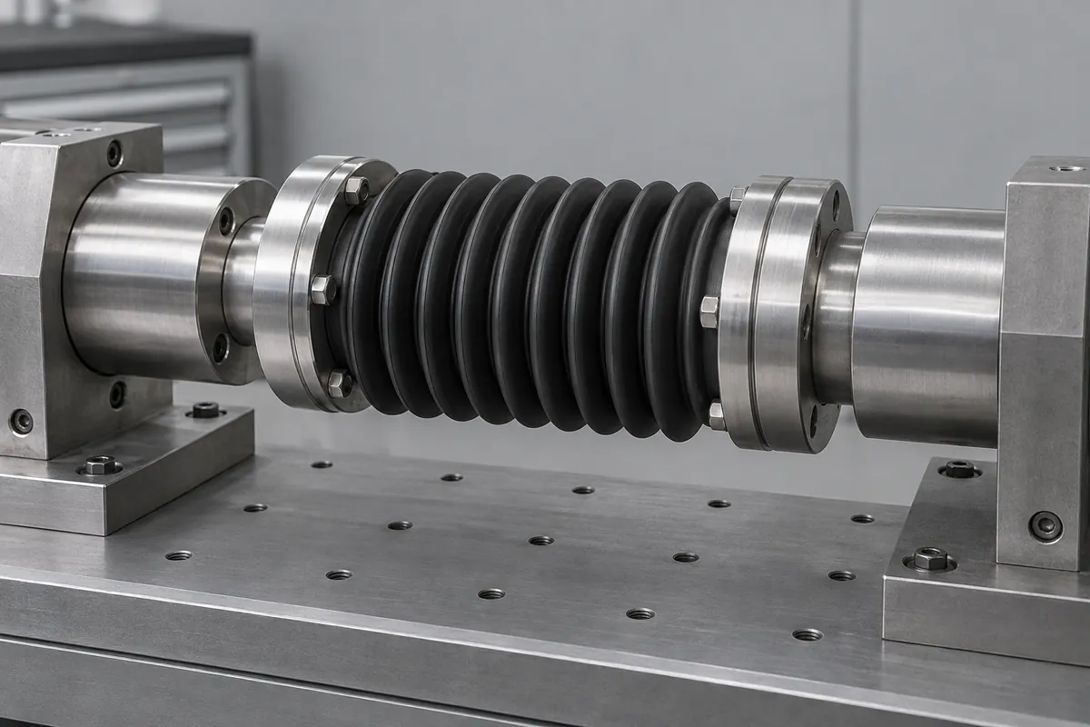 Bellows clamped between two aligned cylindrical mounts on test bench