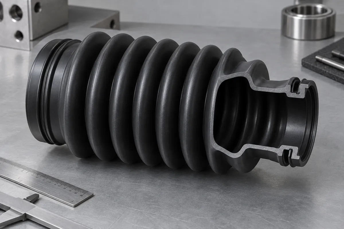 Sectioned bellows showing generous rounded roots and end sealing grooves