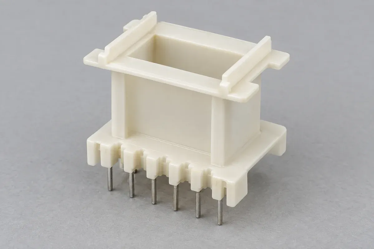 Empty rectangular bobbin with lead-routing features and short terminal pins