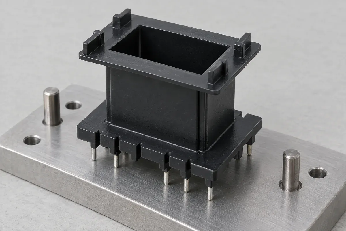 Empty plastic bobbin with terminal pins located on a simple inspection fixture