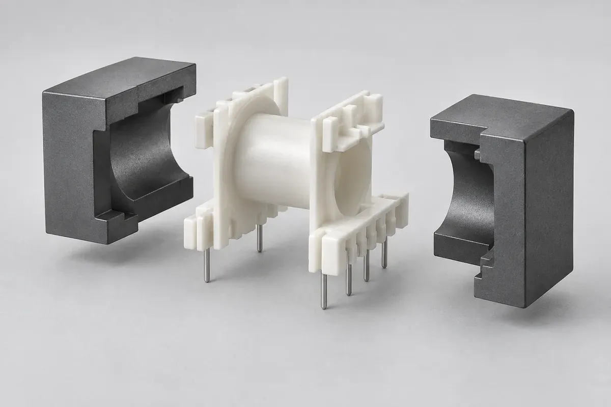 Empty plastic transformer bobbin between separate ferrite core halves