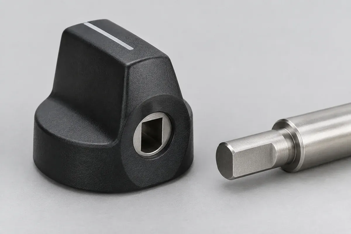 Plastic knob D-shaped bore beside the matching flat on a separate shaft