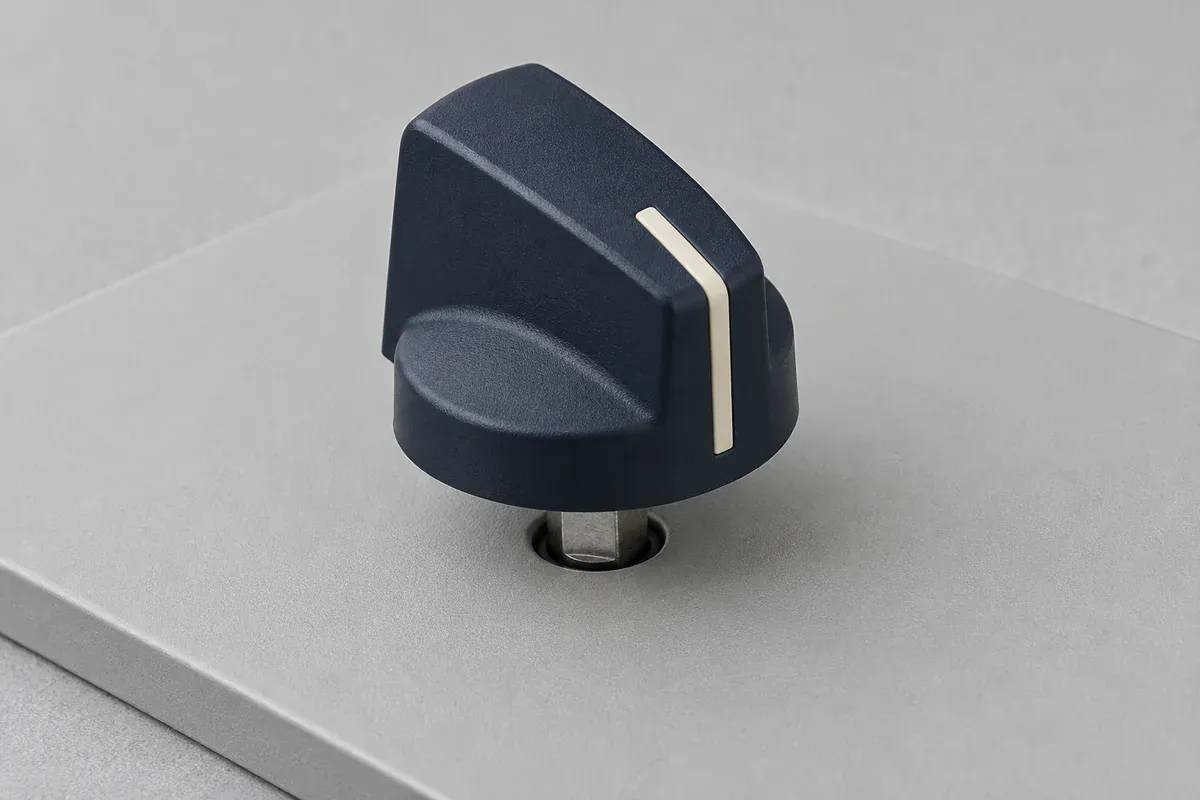 Plastic pointer knob with an index line seated on a plain control panel