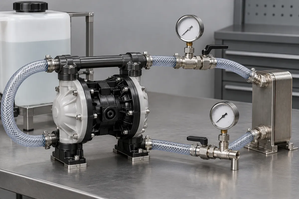 Diaphragm pump head connected to closed water test circuit with blank instruments