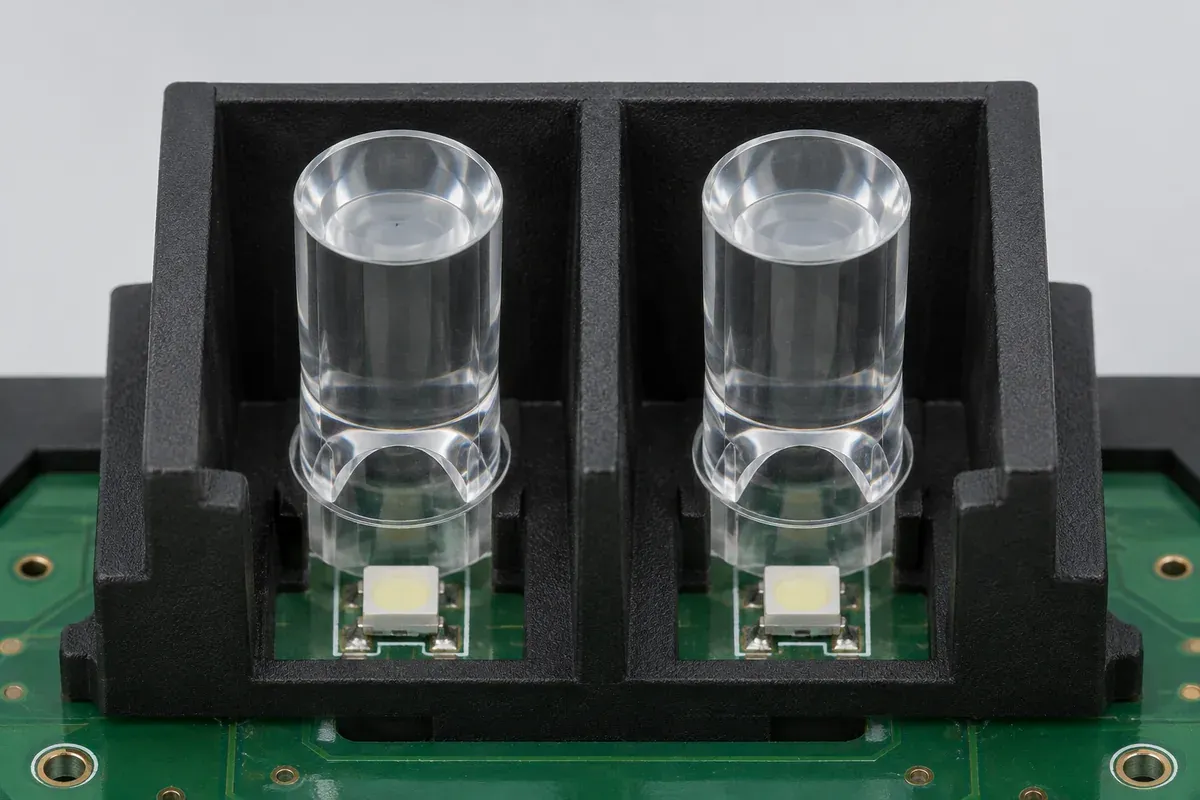 Two clear light-pipe entrances in separate opaque carrier wells above LEDs