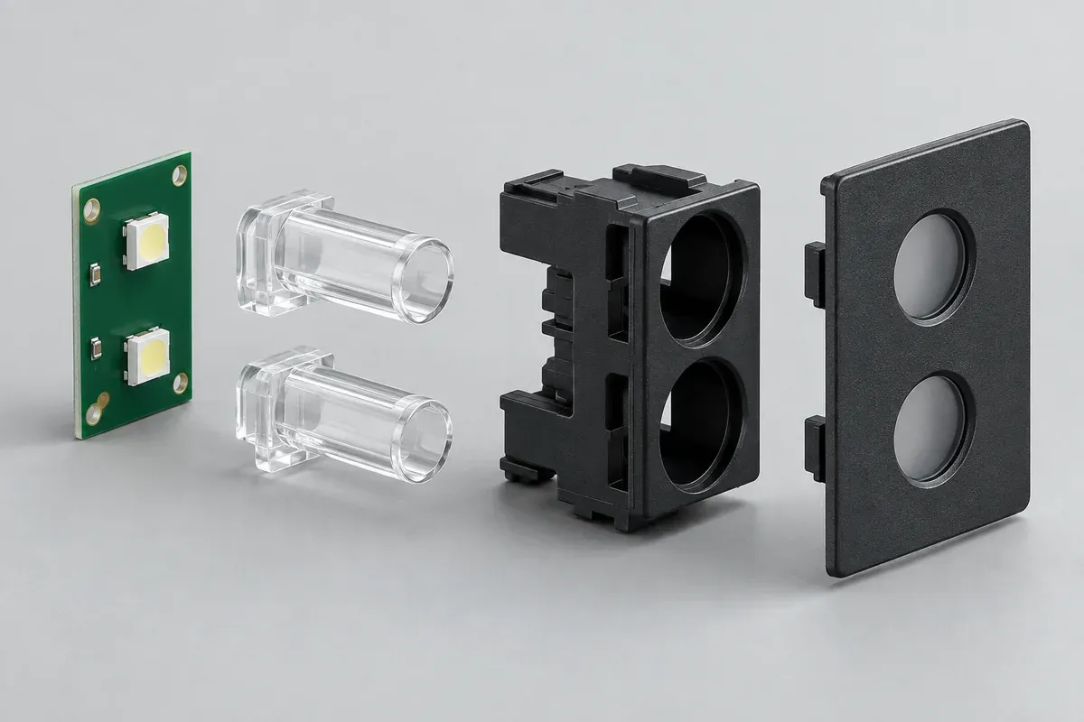 Two clear light guides with a separate PCB, opaque carrier and panel