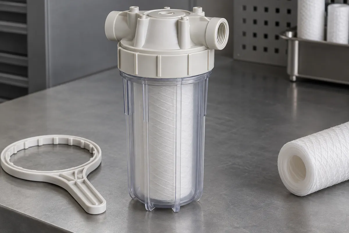 Natural polypropylene filter housing with cap and two threaded ports