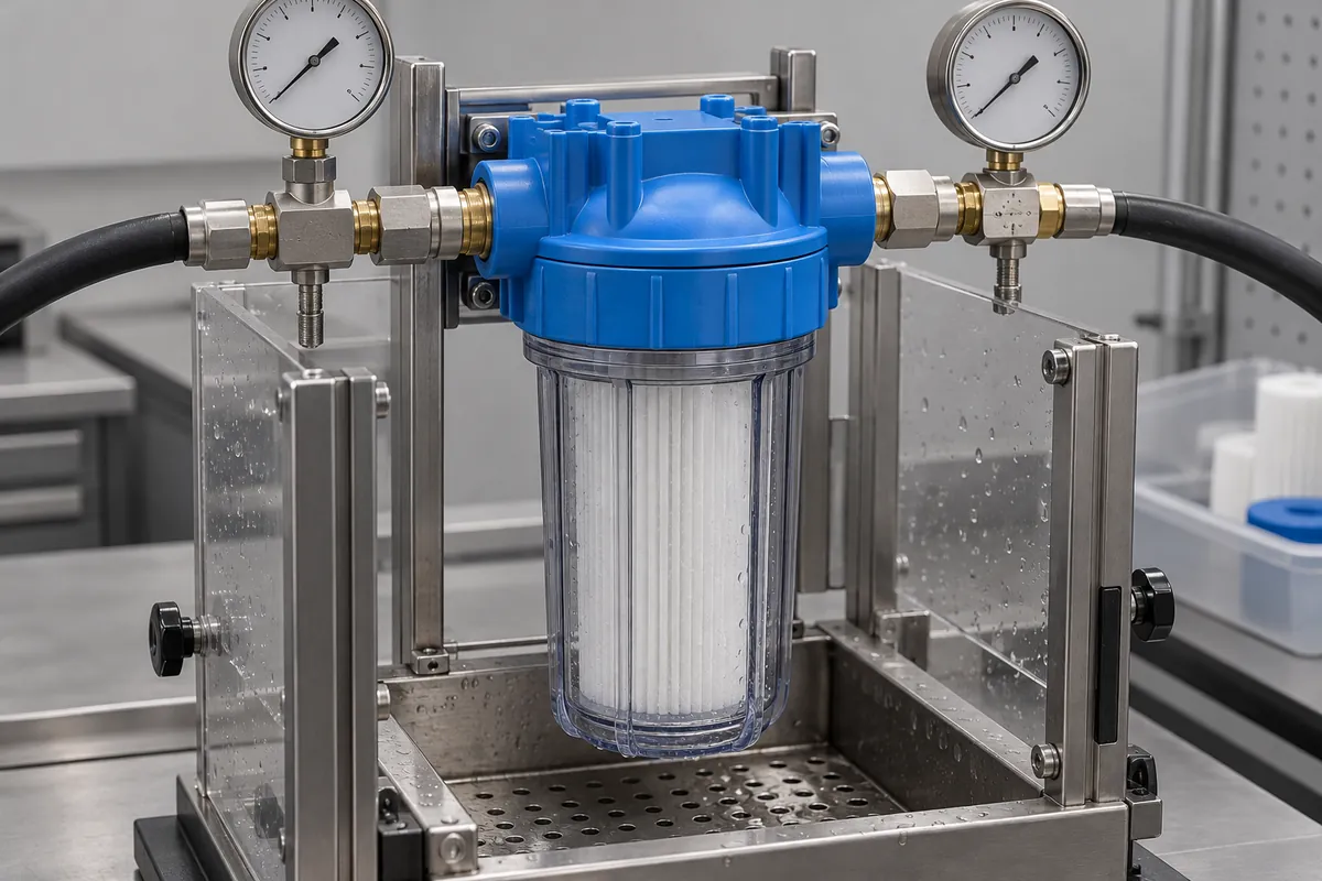 Assembled filter housing in guarded hydraulic test fixture, blank display