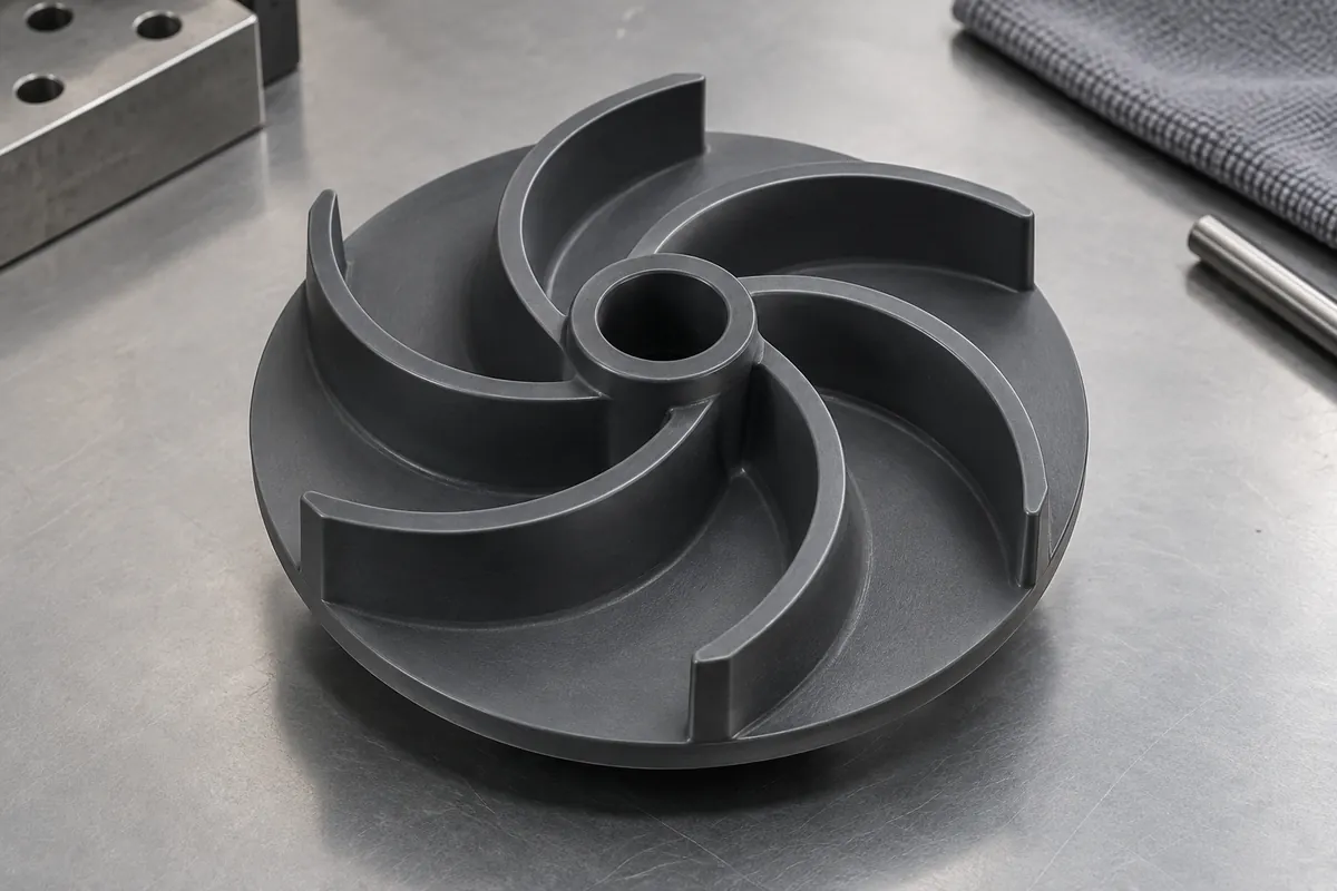 Dark gray closed polymer pump impeller with six curved passages