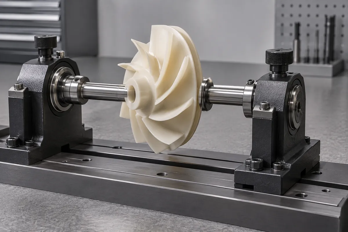 Assembled polymer impeller on spindle between balancing supports, no values