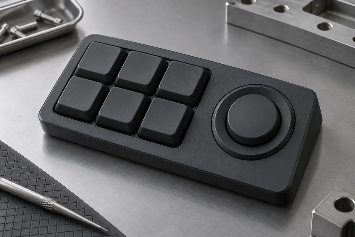Dark silicone keymat with six square keys and a round navigation key, no lettering