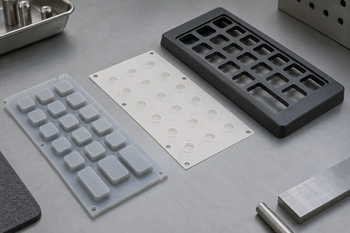 Separated silicone keymat, bezel and blank membrane switch support, no circuitry details