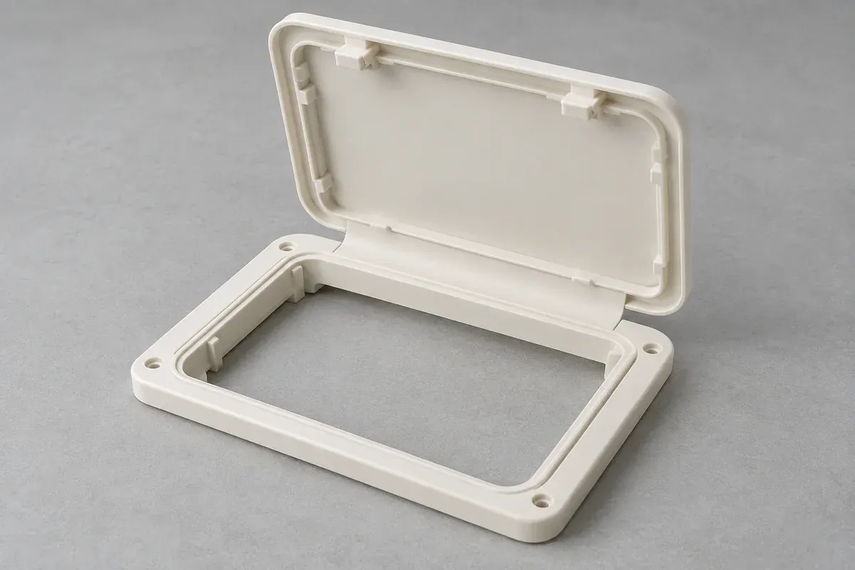 One-piece plastic access cover and frame connected by a thin integral flexible web