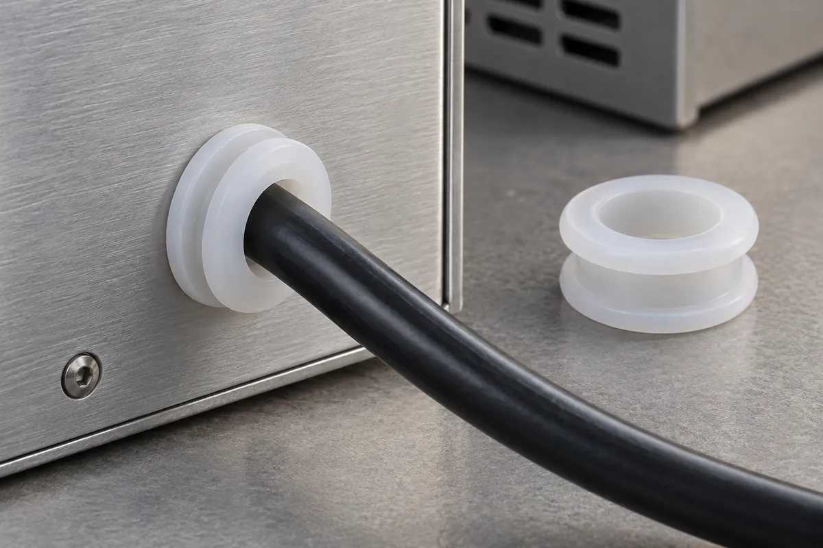 Product design illustration of a silicone cable grommet on an equipment enclosure panel