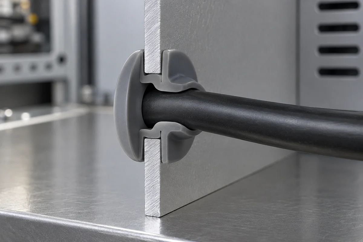Sectioned product design model showing a silicone grommet between a panel and cable