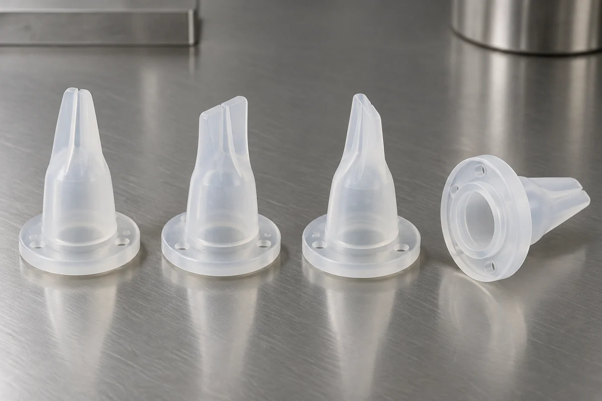 Product design illustration of four small translucent silicone duckbill valves
