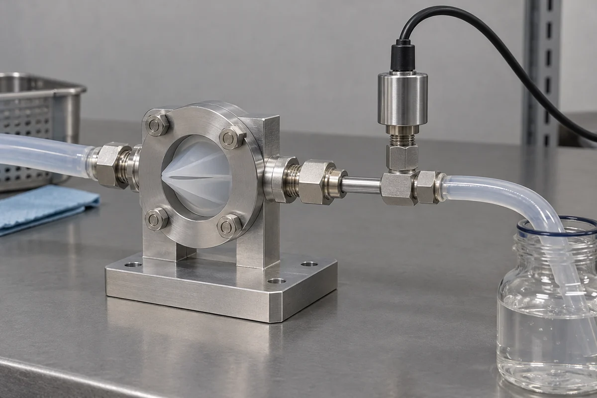 Illustrative clear valve fixture with tubing, pressure sensor and a collection vessel
